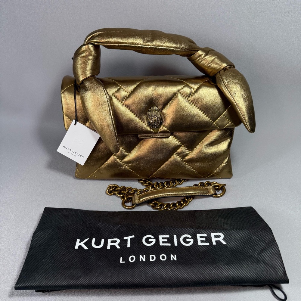 Kurt Geiger London Kensington Gold Soft Bow Quilted Top Handle Crossbody Bag